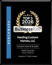 Black business award plaque with gold laurel, “Top 3 2026,” Harding Custom Homes, LLC, and “Benchmark” strip