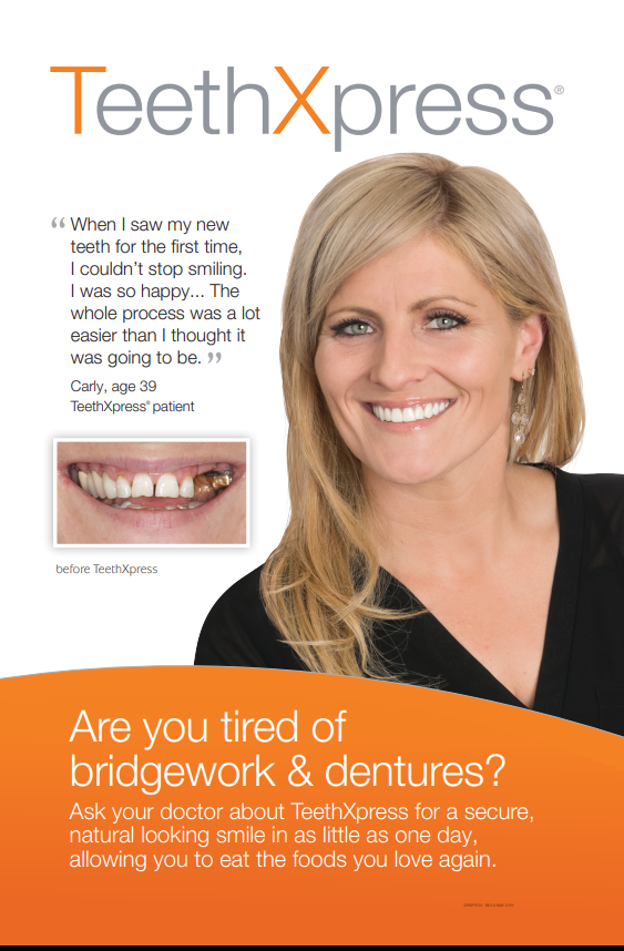 Woman smiling, promoting TeethXpress.