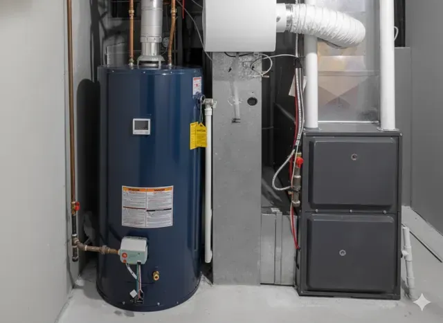 Blue water heater, silver furnace and metal vent pipes in a basement room with gray walls.