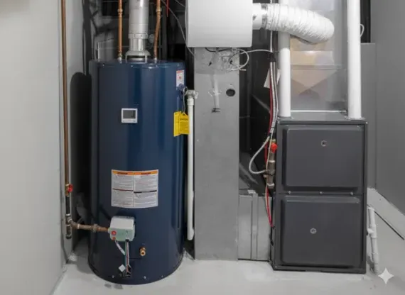 Blue water heater, silver furnace and metal vent pipes in a basement room with gray walls.
