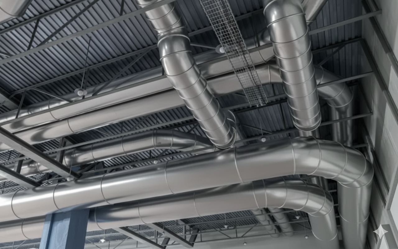 Metal ventilation ducts running across a ceiling in an industrial building.