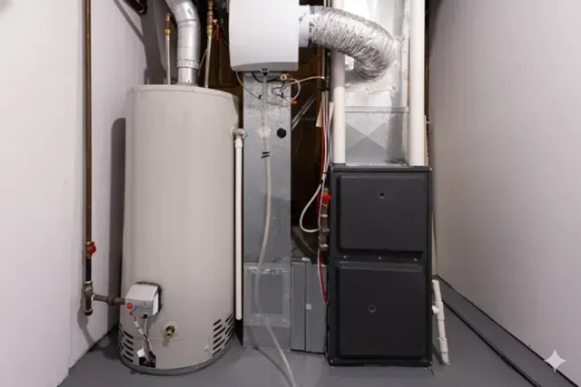 Water heater, furnace, and vent pipes in a utility room with white walls and gray floor.