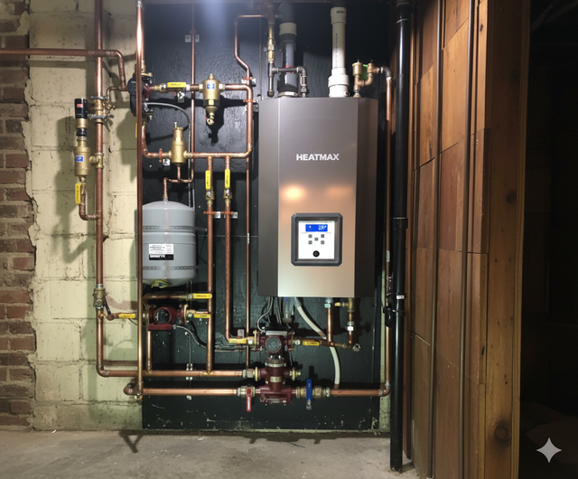 New boiler system installed on a basement wall with copper pipes, a gray expansion tank, and a digital display.