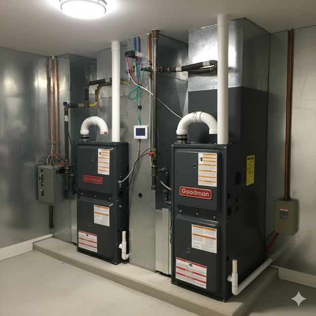 Three HVAC units with attached humidifiers in a basement utility room. Silver and white equipment with ductwork.