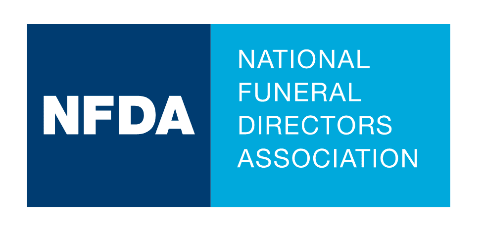 The logo for the national funeral directors association is blue and white.
