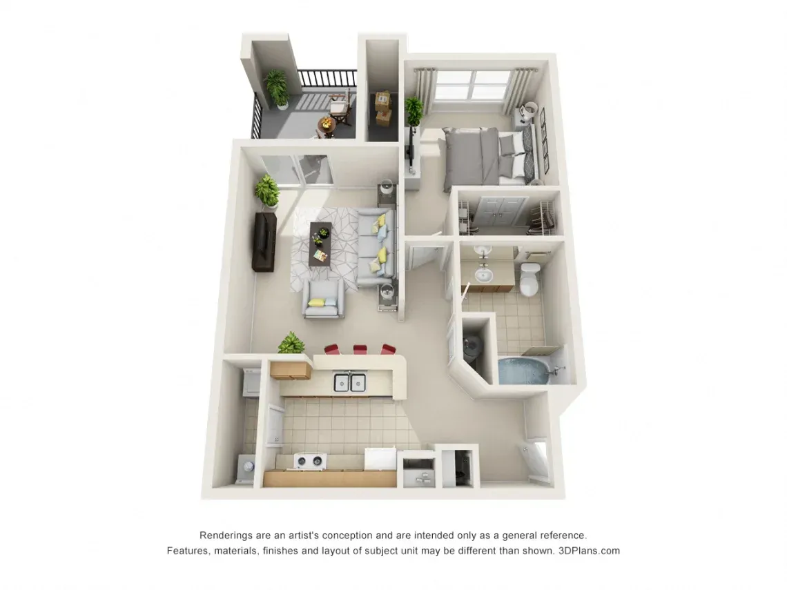 Top-down 3D floor plan of a small apartment with living room, kitchen, bathroom, bedroom, and balcony.