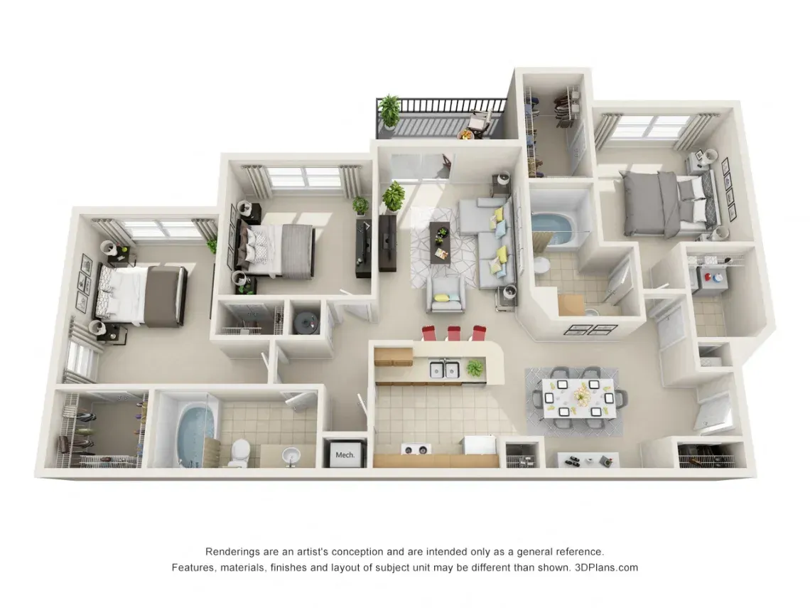 3D floor plan of a modern apartment with multiple bedrooms, bathrooms, kitchen, dining, and living areas