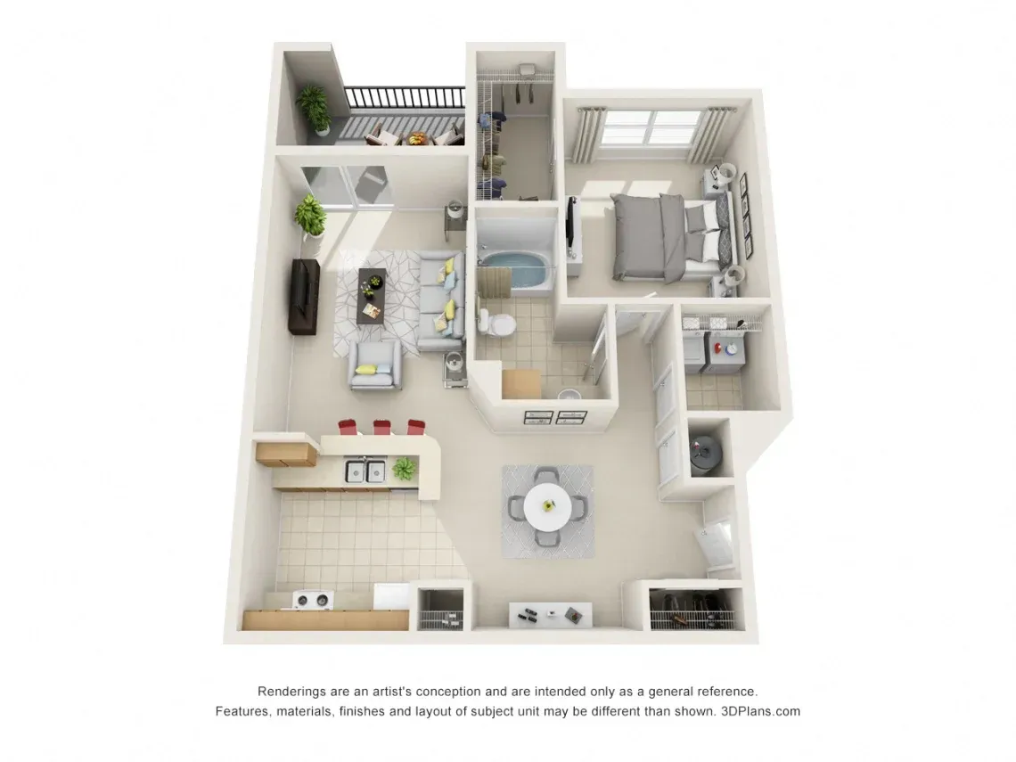 3D apartment floor plan with open kitchen, dining area, living room, bedroom, and bathroom.