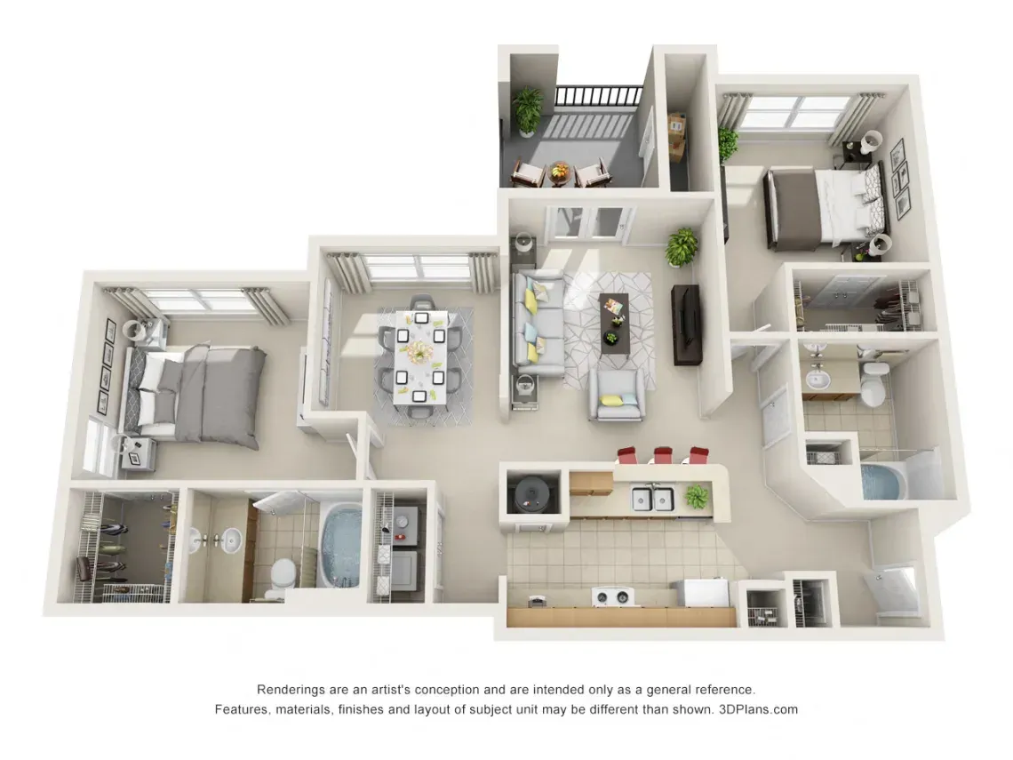 Top-down 3D floor plan of a modern apartment with living room, kitchen, bedrooms, and bathrooms