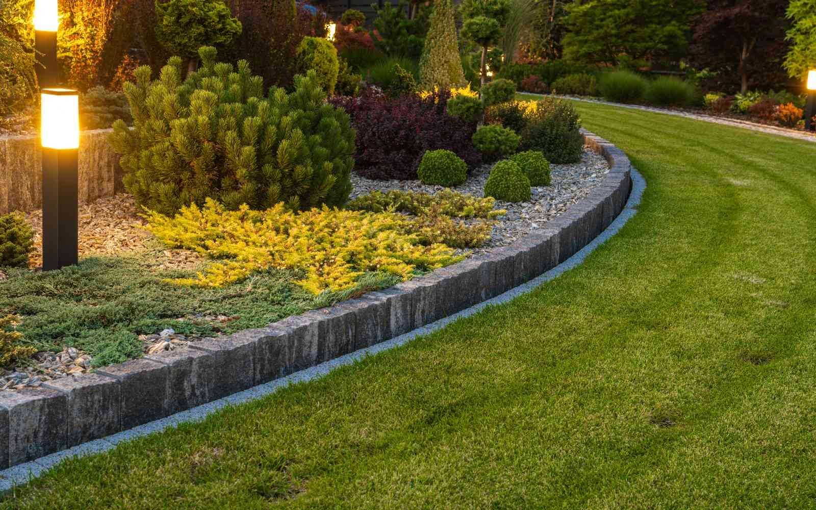 Landscaped garden with stone edging.