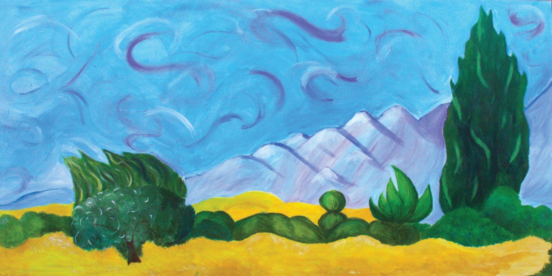 A painting of a field with trees and mountains in the background.