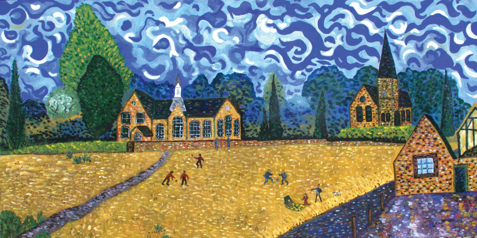 a painting of red poppies with a blue sky in the background