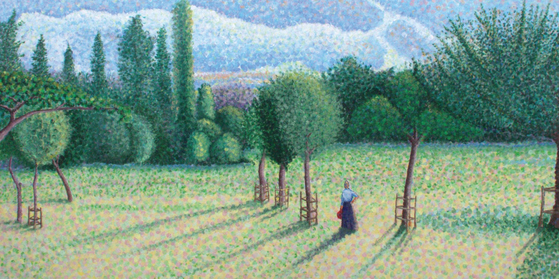 A painting of a woman standing in a field with trees and mountains in the background.