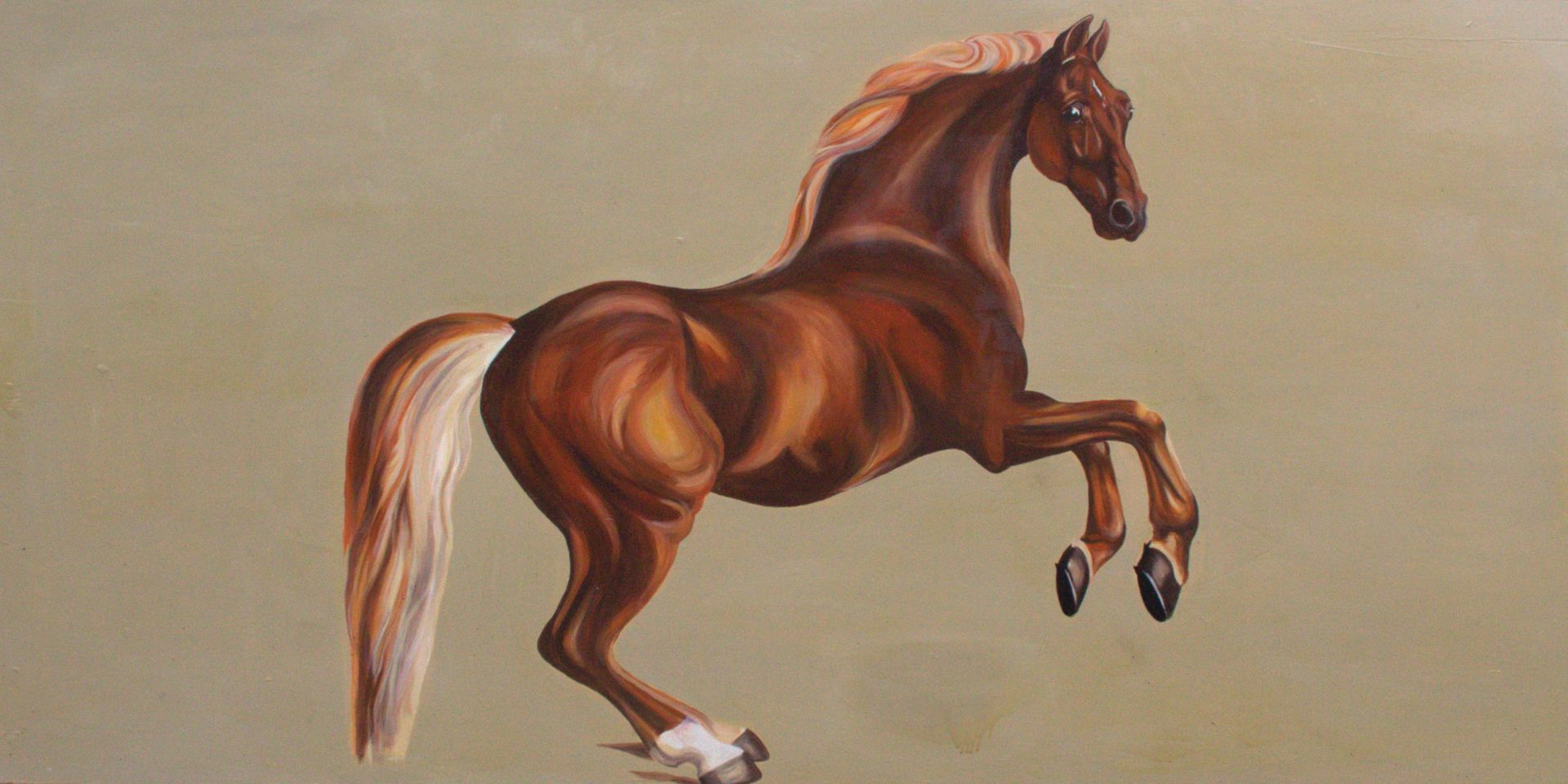 A painting of a brown horse standing on its hind legs
