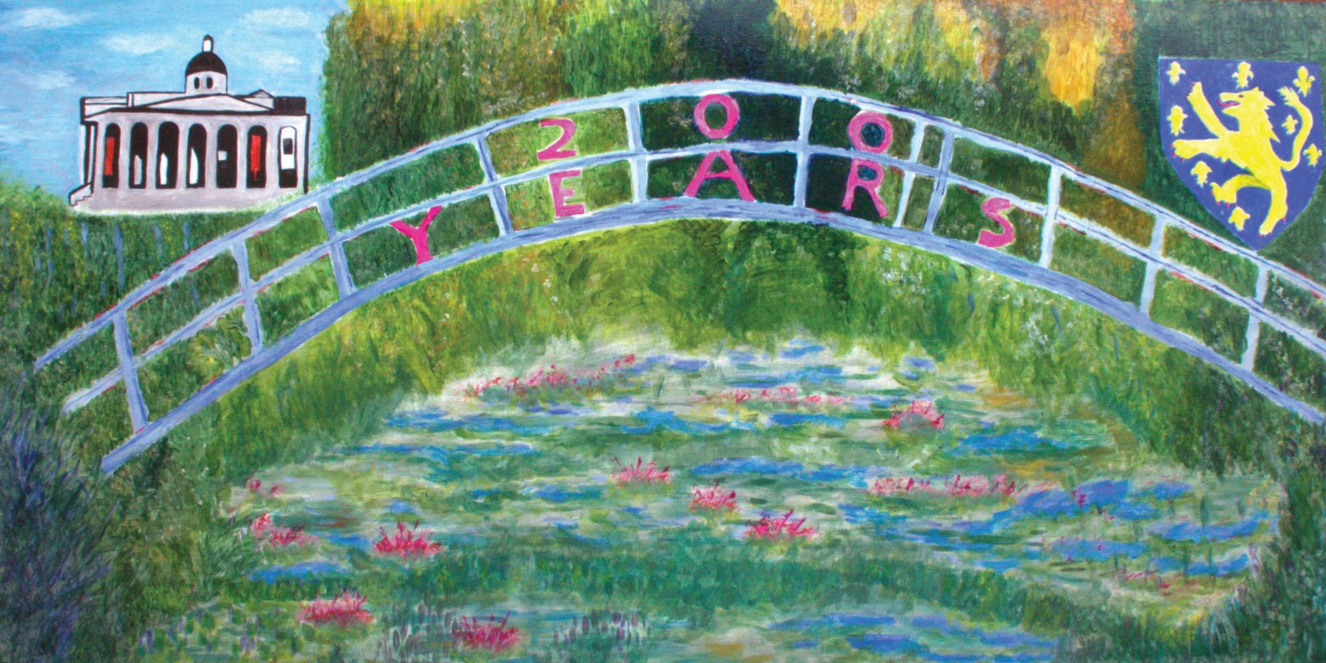 A painting of a bridge over a pond with a building in the background.
