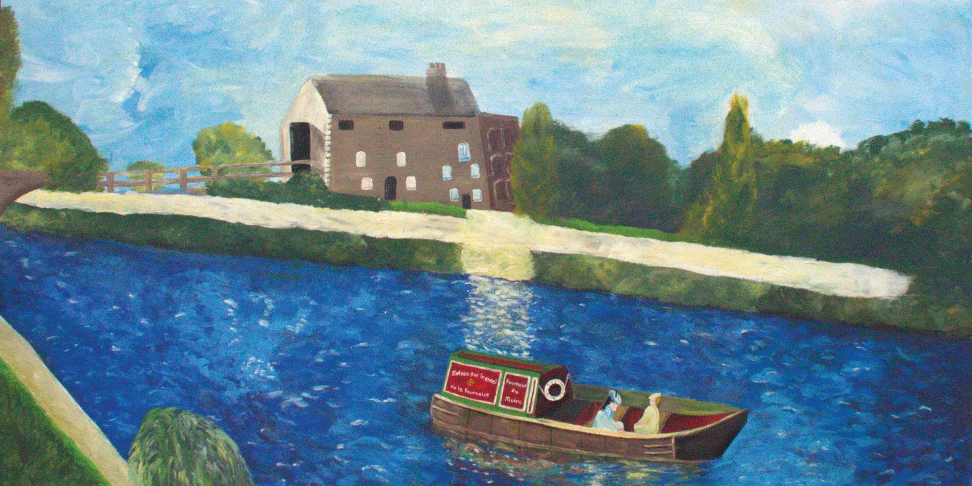 A painting of a boat on a river with a house in the background