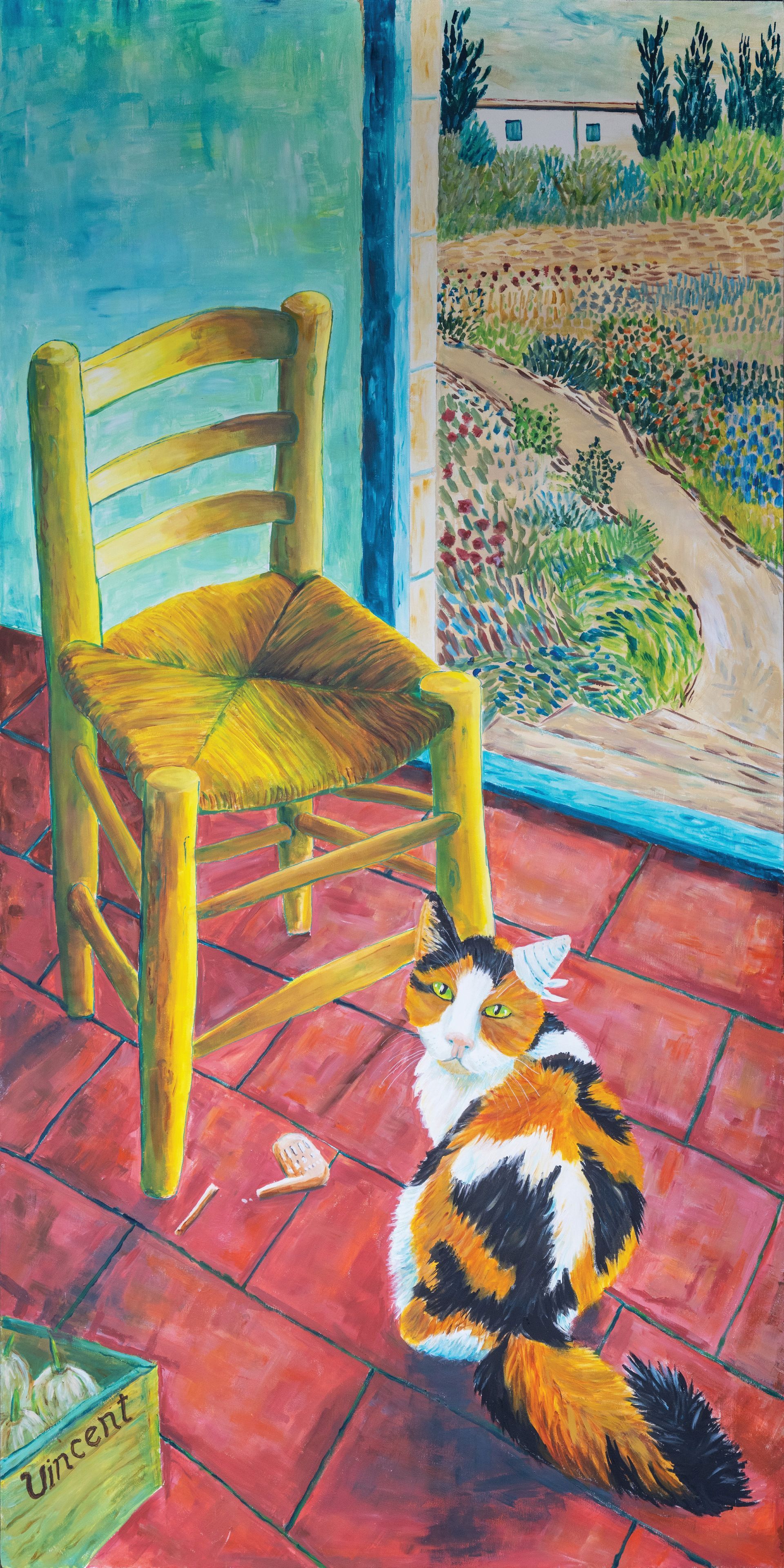 a painting of a woman with blue hair and red lips .