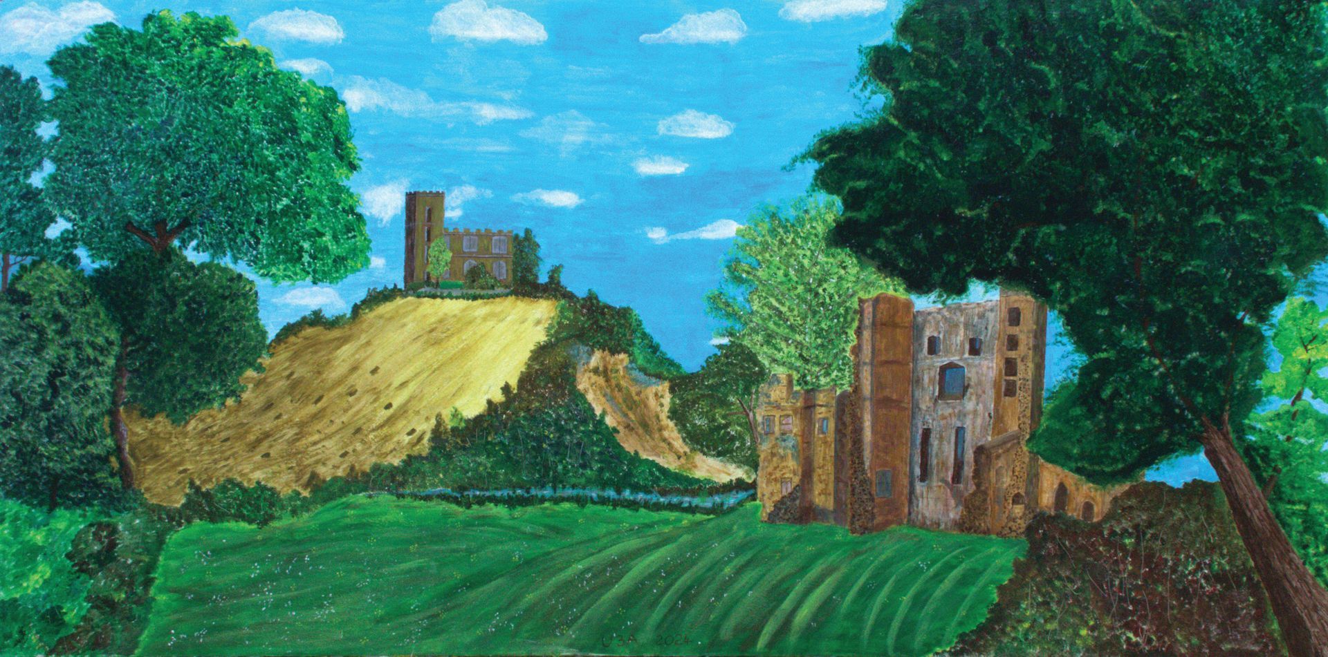 A painting of a castle on top of a hill surrounded by trees.