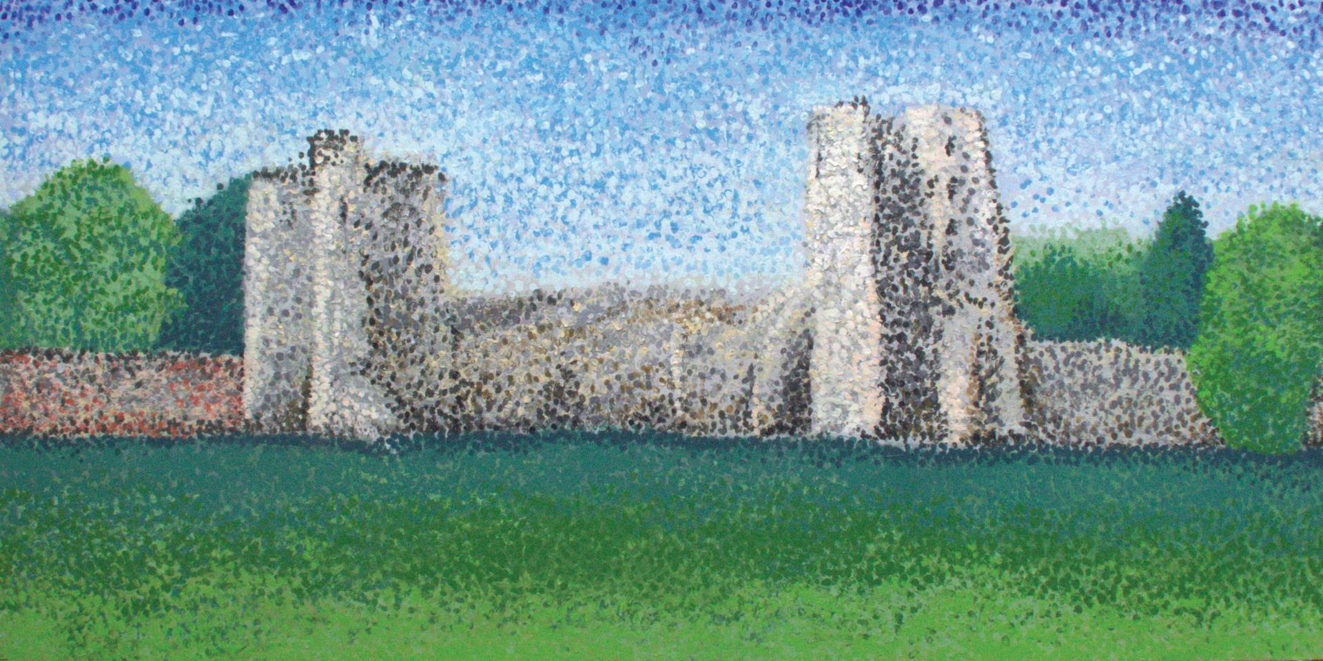 A painting of a castle in the middle of a field with trees in the background.