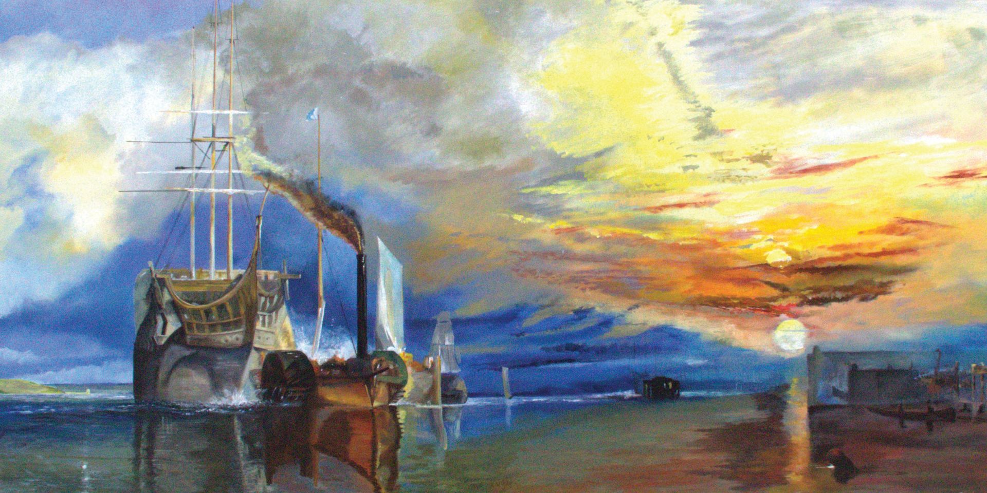 A painting of a ship in the ocean at sunset.