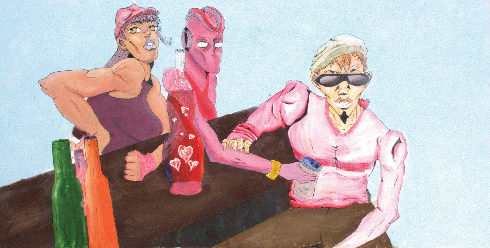 a painting of a colorful cow with a blue background .