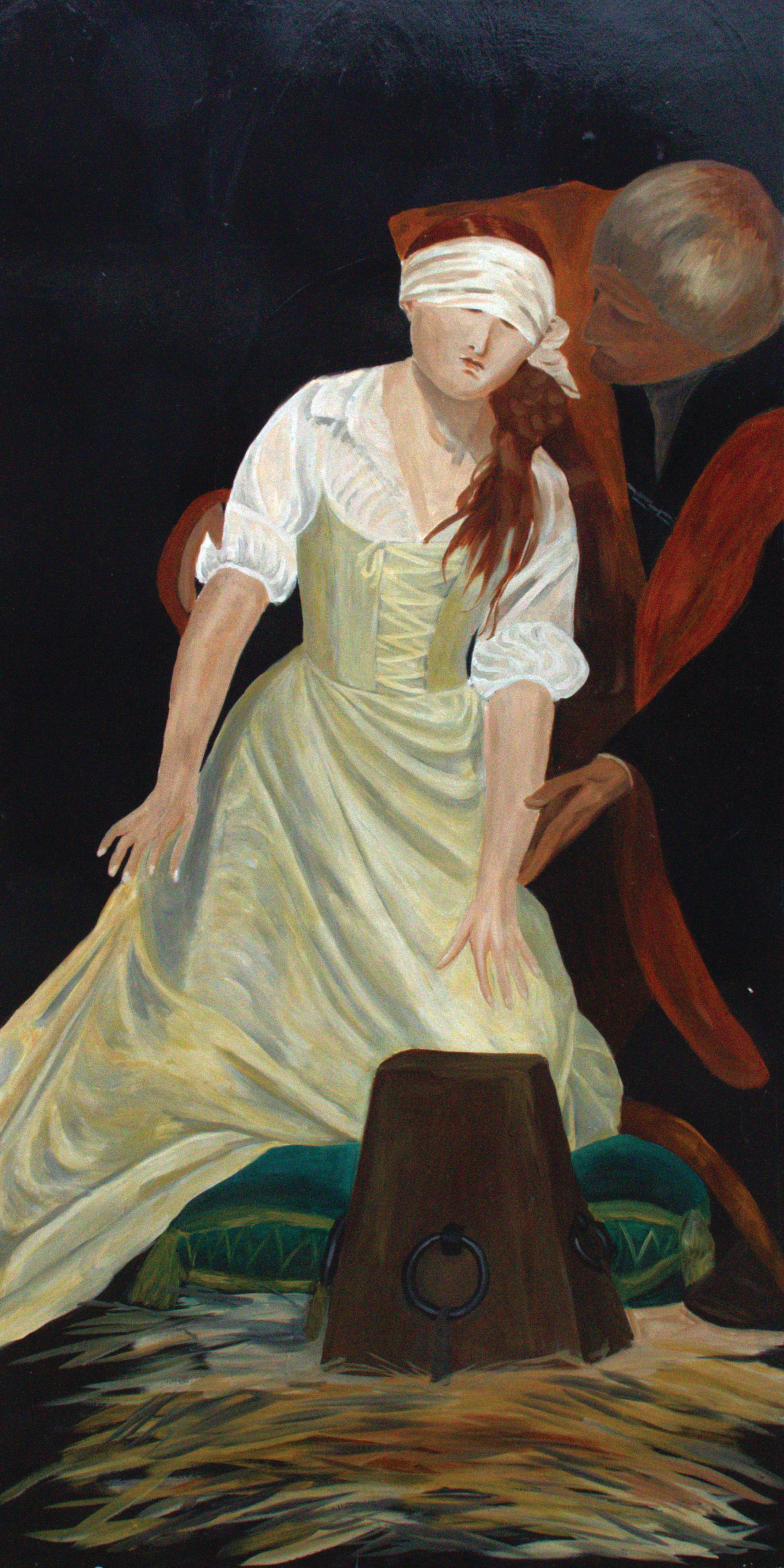 A woman in a yellow dress is blindfolded in a painting.