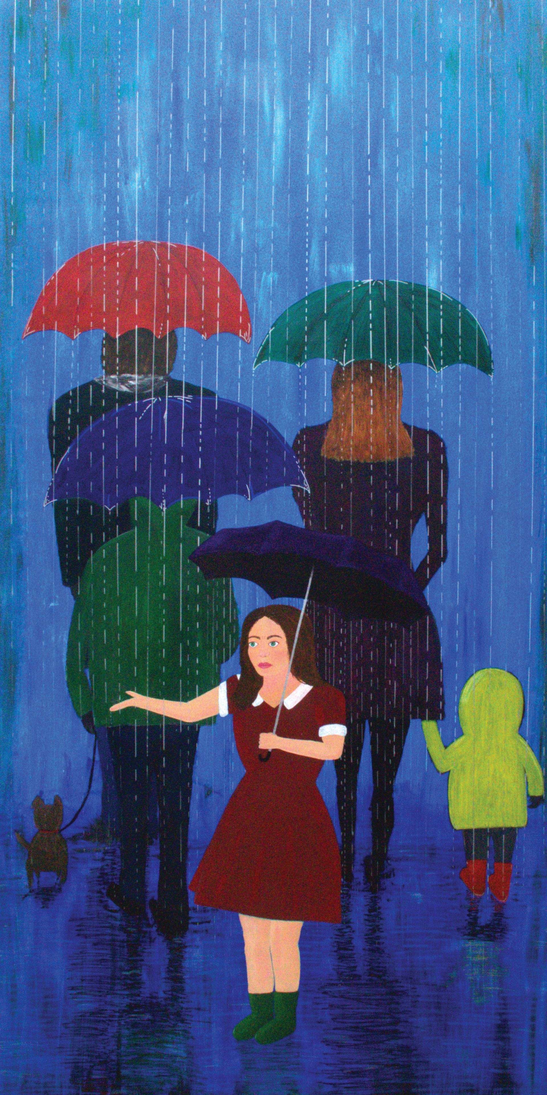 A painting of a family walking in the rain with umbrellas.