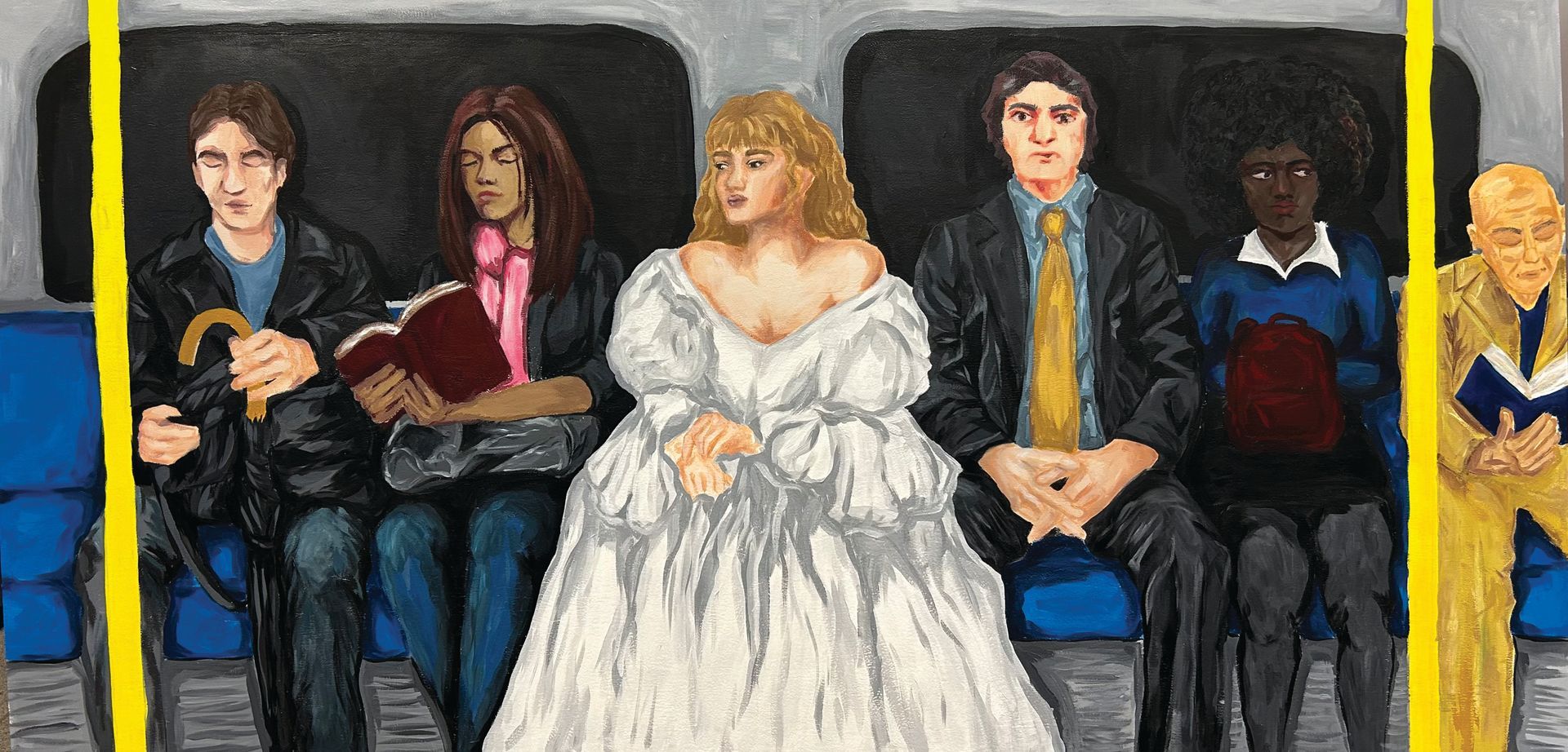 A woman in a wedding dress is sitting on a subway with other people.