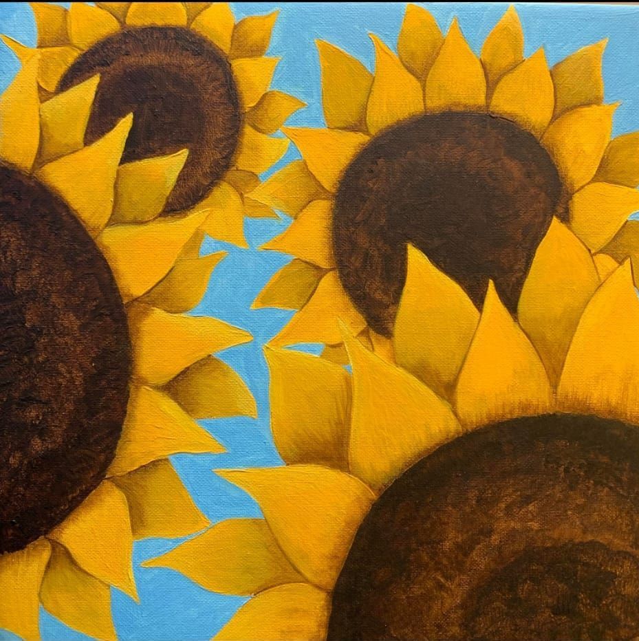 a painting of three sunflowers on a blue background