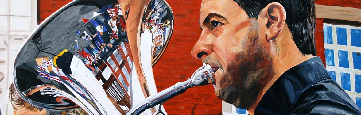 a man is playing a saxophone in a painting .