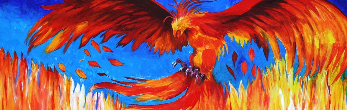 a painting of a phoenix flying through a field of fire .