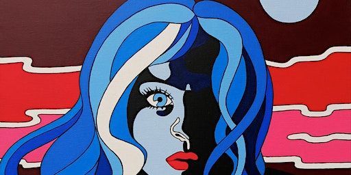 a painting of a woman with blue hair and red lips .
