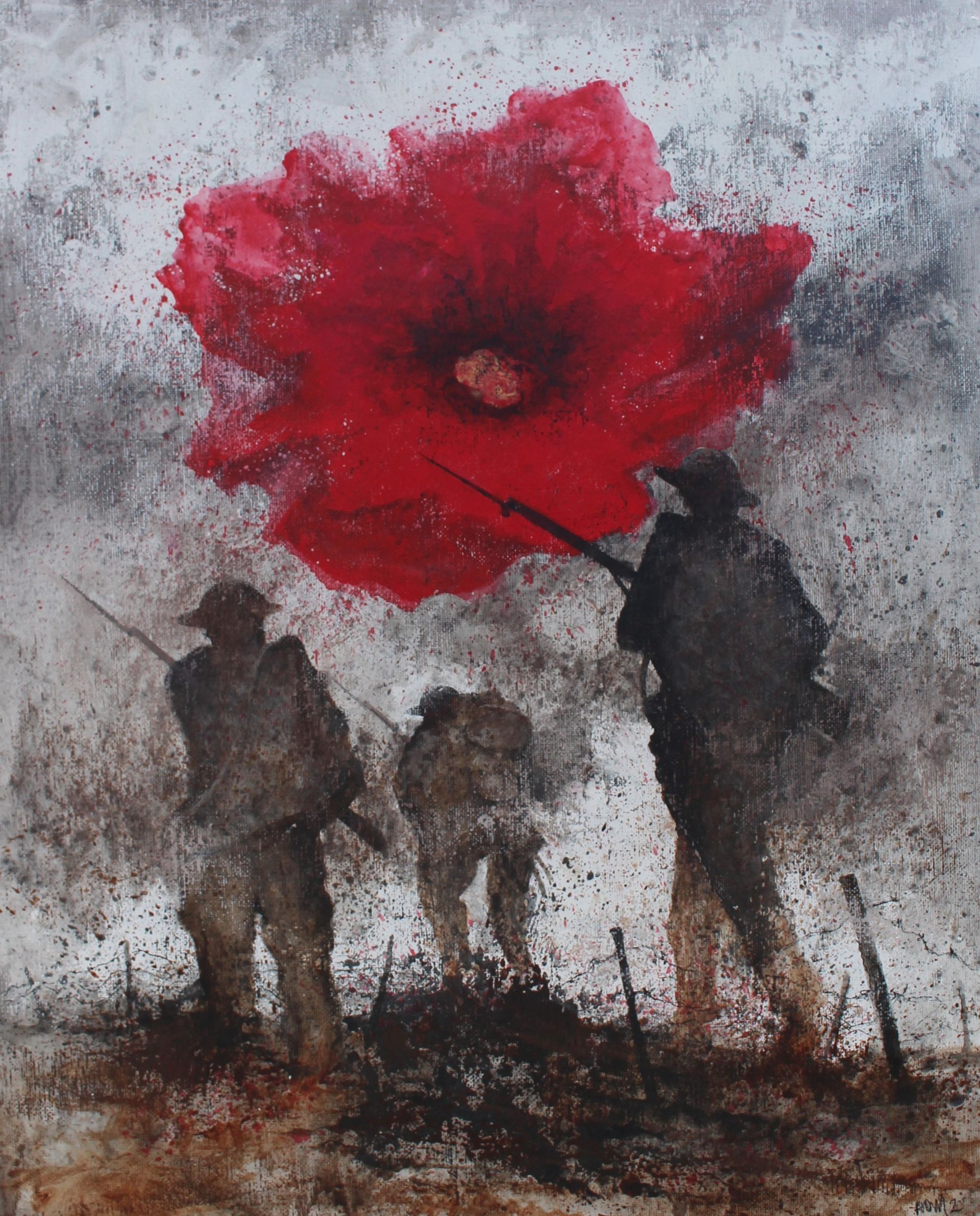 a painting of soldiers holding a large red poppy