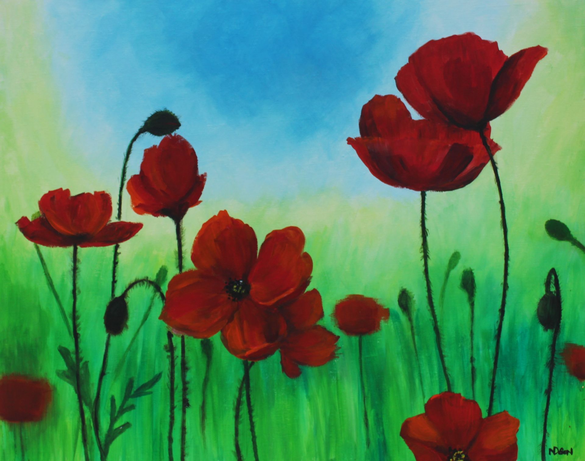 a painting of red poppies with a blue sky in the background