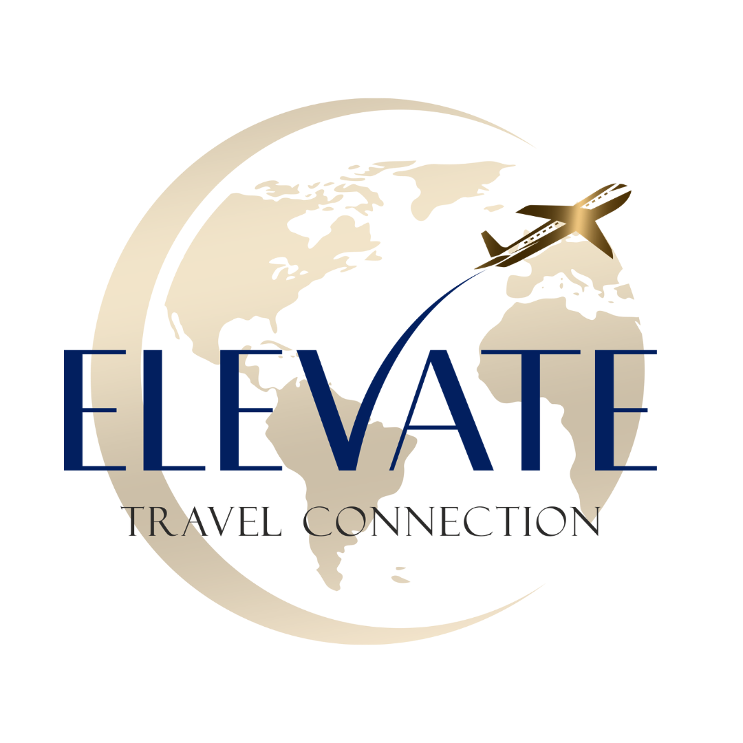 A logo featuring a gold globe silhouette, a flying airplane, and the blue text
