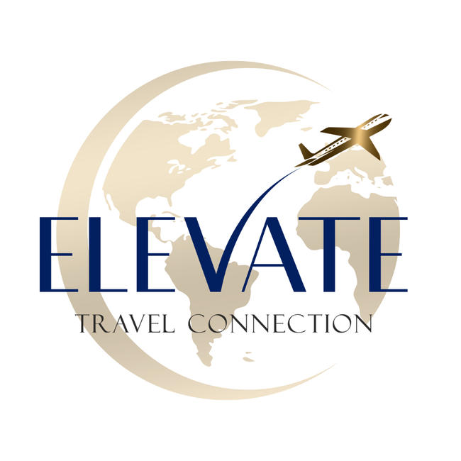 A logo featuring a gold globe silhouette, a flying airplane, and the blue text 