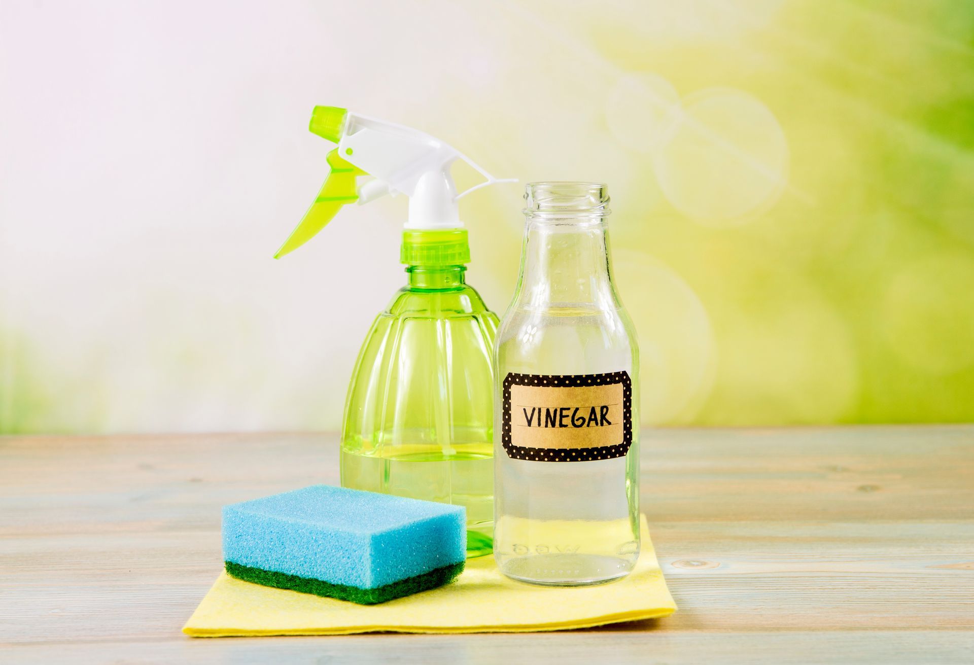 A bottle of vinegar , a spray bottle , and a sponge on a wooden table.