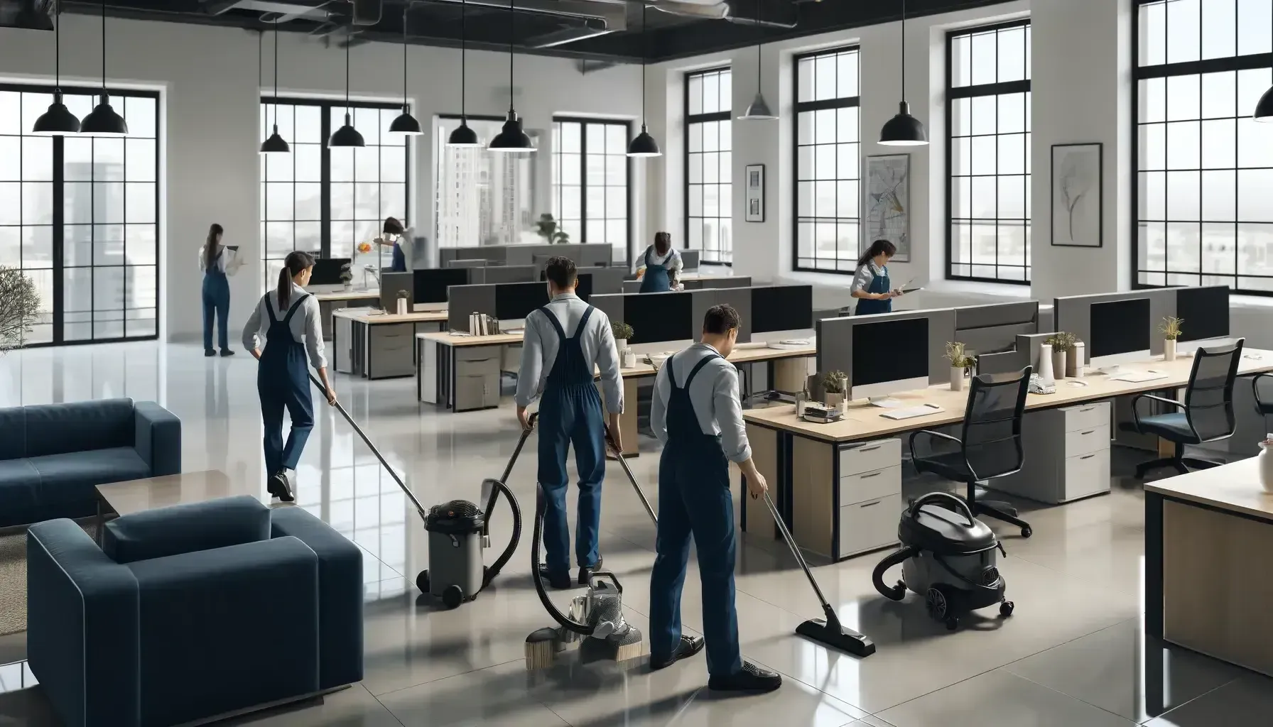 A group of people are cleaning an office with vacuum cleaners.