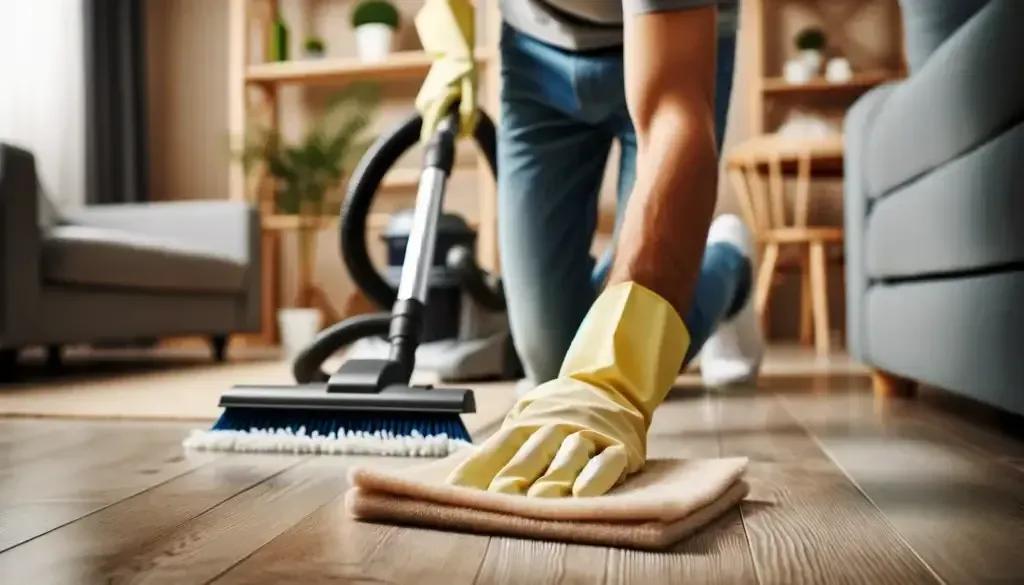 A man is cleaning the floor with a mop and vacuum cleaner.