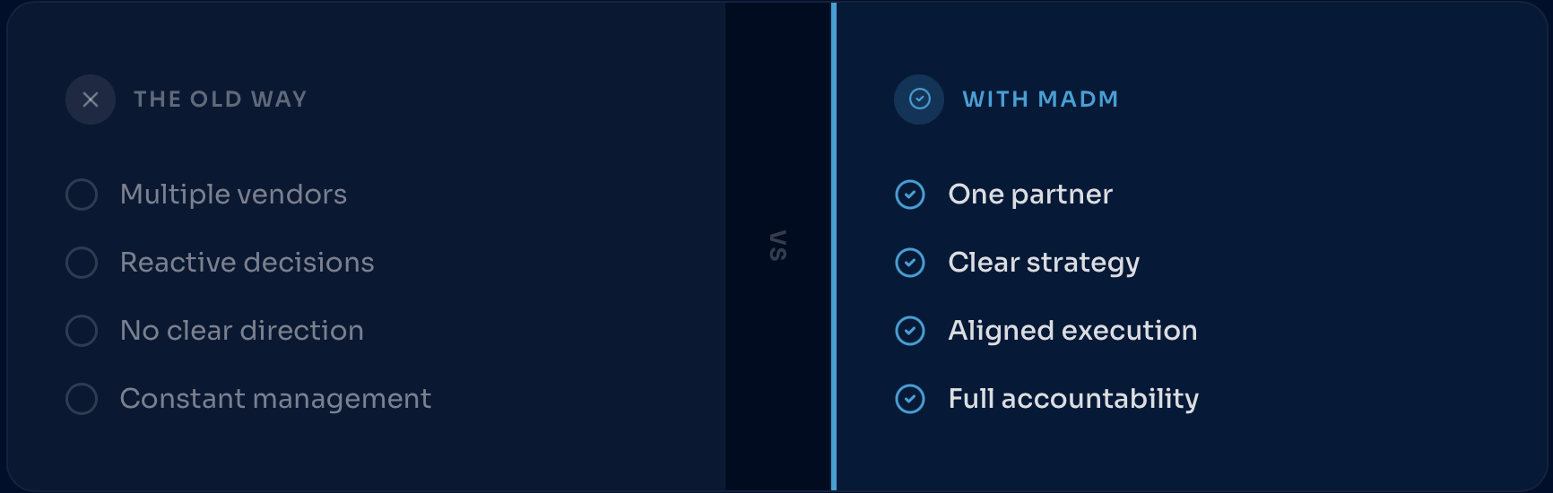 Dark blue two-column settings menu with white and blue icon-labeled options.