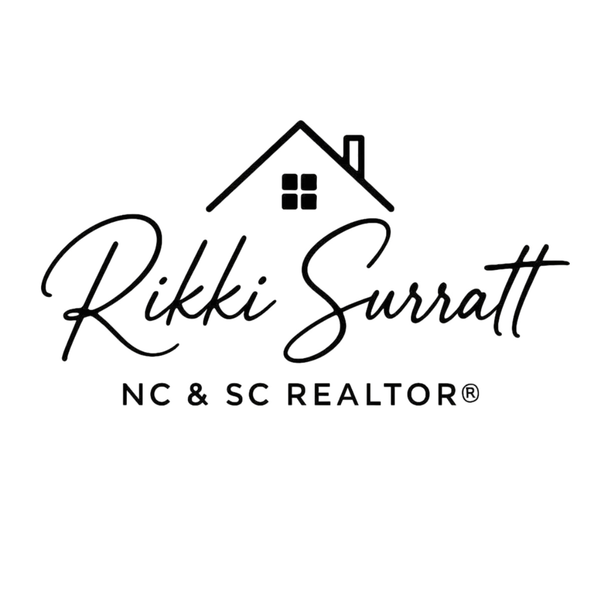 Logo for Rikki Surratt, NC & SC Realtor; features a house icon above her name in elegant script.