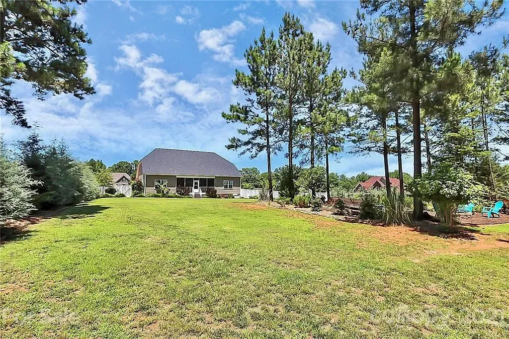 Grassy yard with a house in the background, trees and a blue sky.