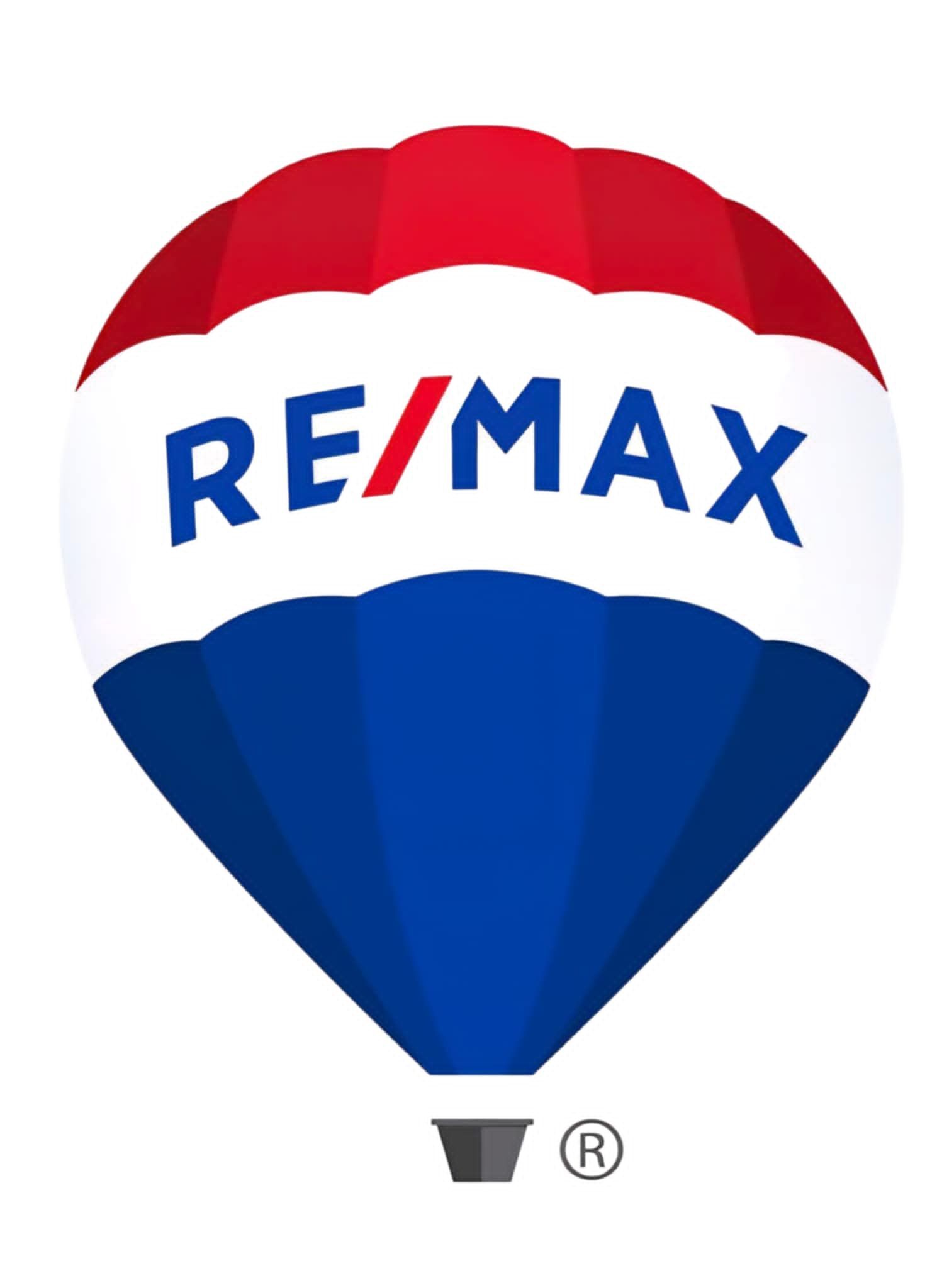 RE/MAX logo: Red, white, and blue hot air balloon with 