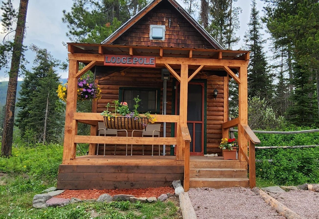 A small wooden cabin with a porch in the middle of a forest.