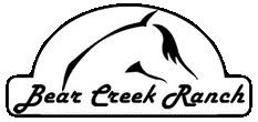 A black and white logo for bear creek ranch with a horse head.