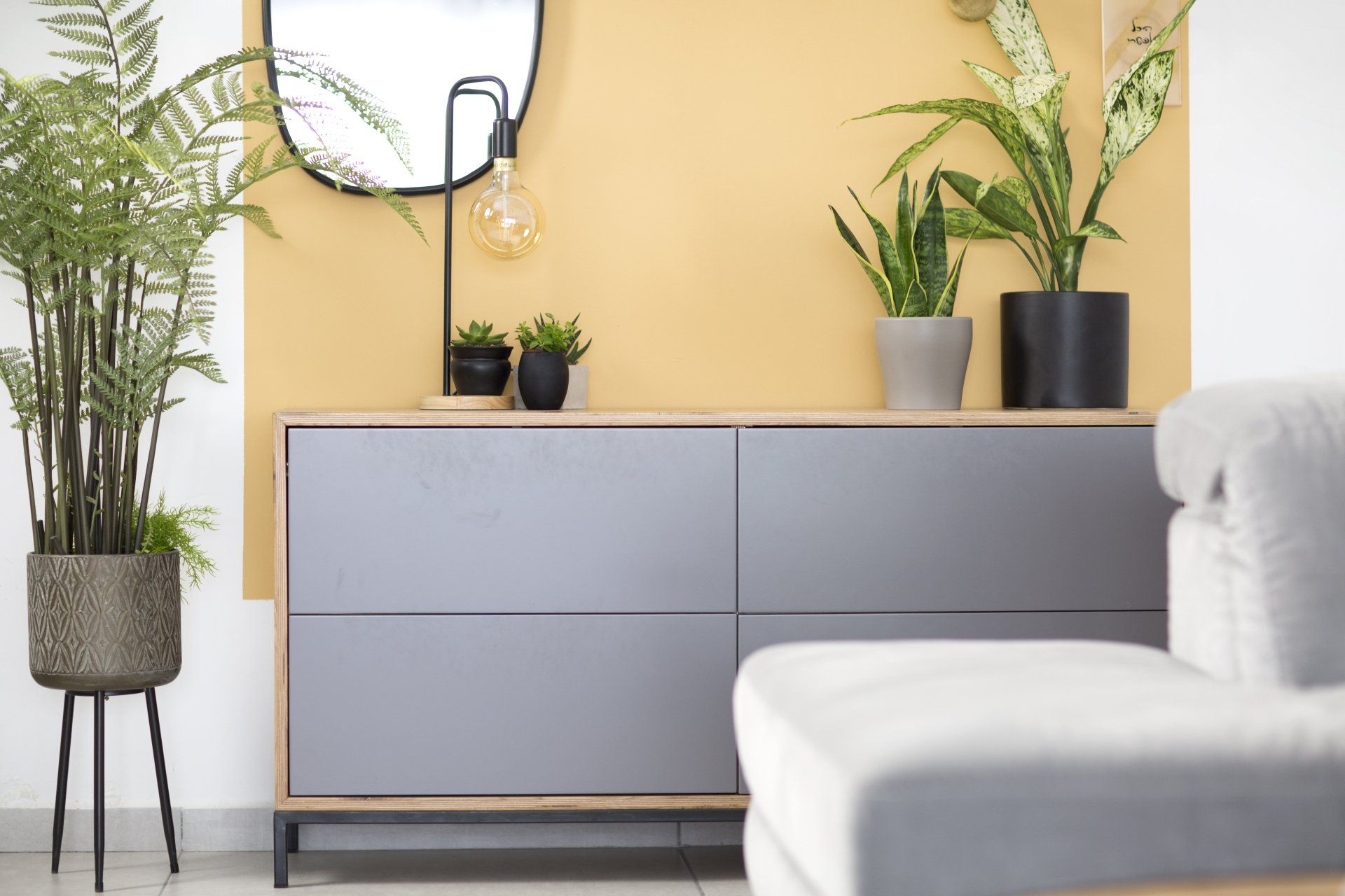 צביעת חלק מקיר בצבע בולט מוסיף עניין לחלל הלבשת חלל סלון ומטבח בגווני אפור שחור וחרדל. שפע של צמחים.  שחור-אפור וכל מה שבניהם בעיצוב של מעצבת פנים ומלבישה בתים ג׳ני ויאליך jenyvstudio