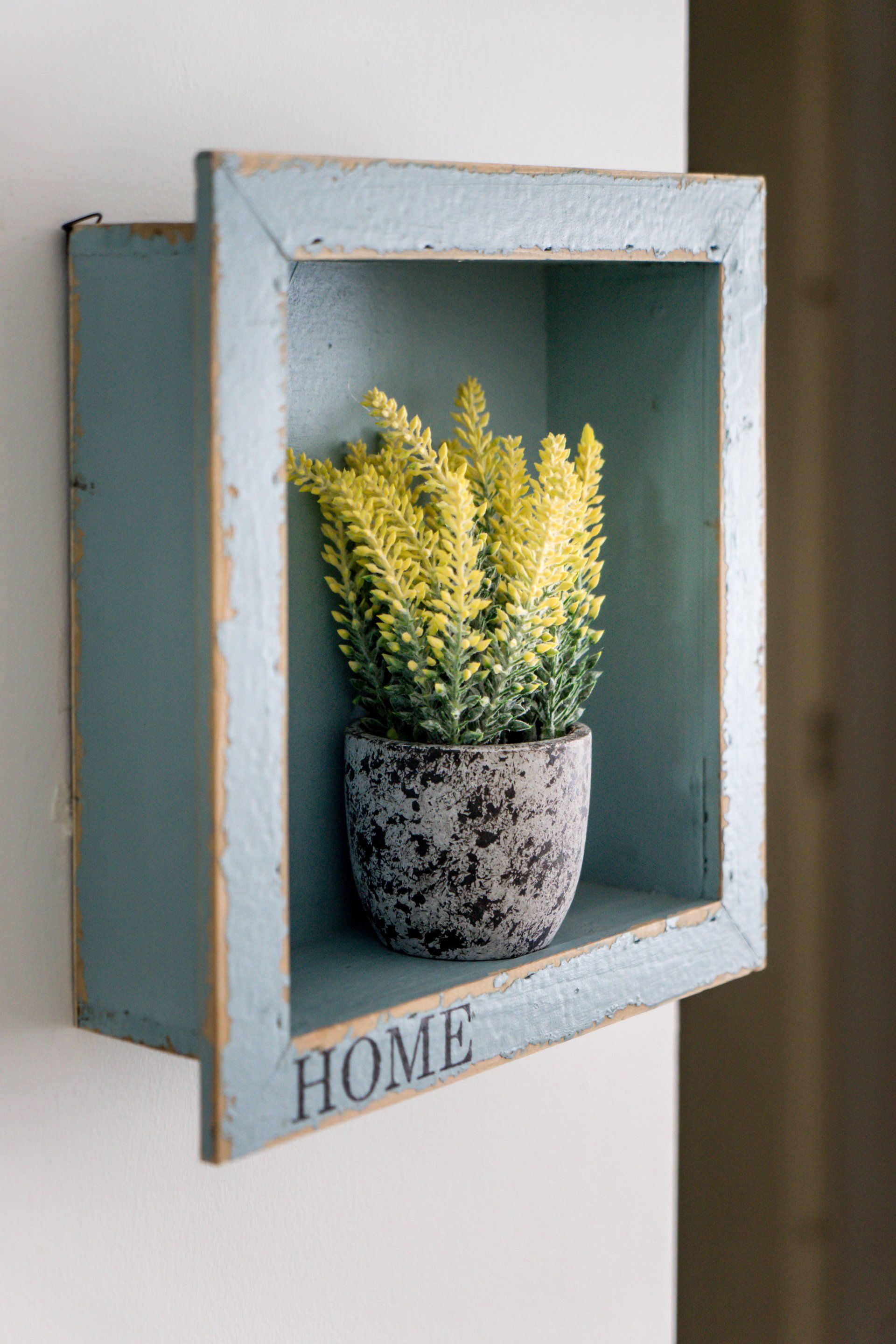 אומנות קיר דקורטיבית של צמחים בתוך מסגרת שבולטת מהקיר