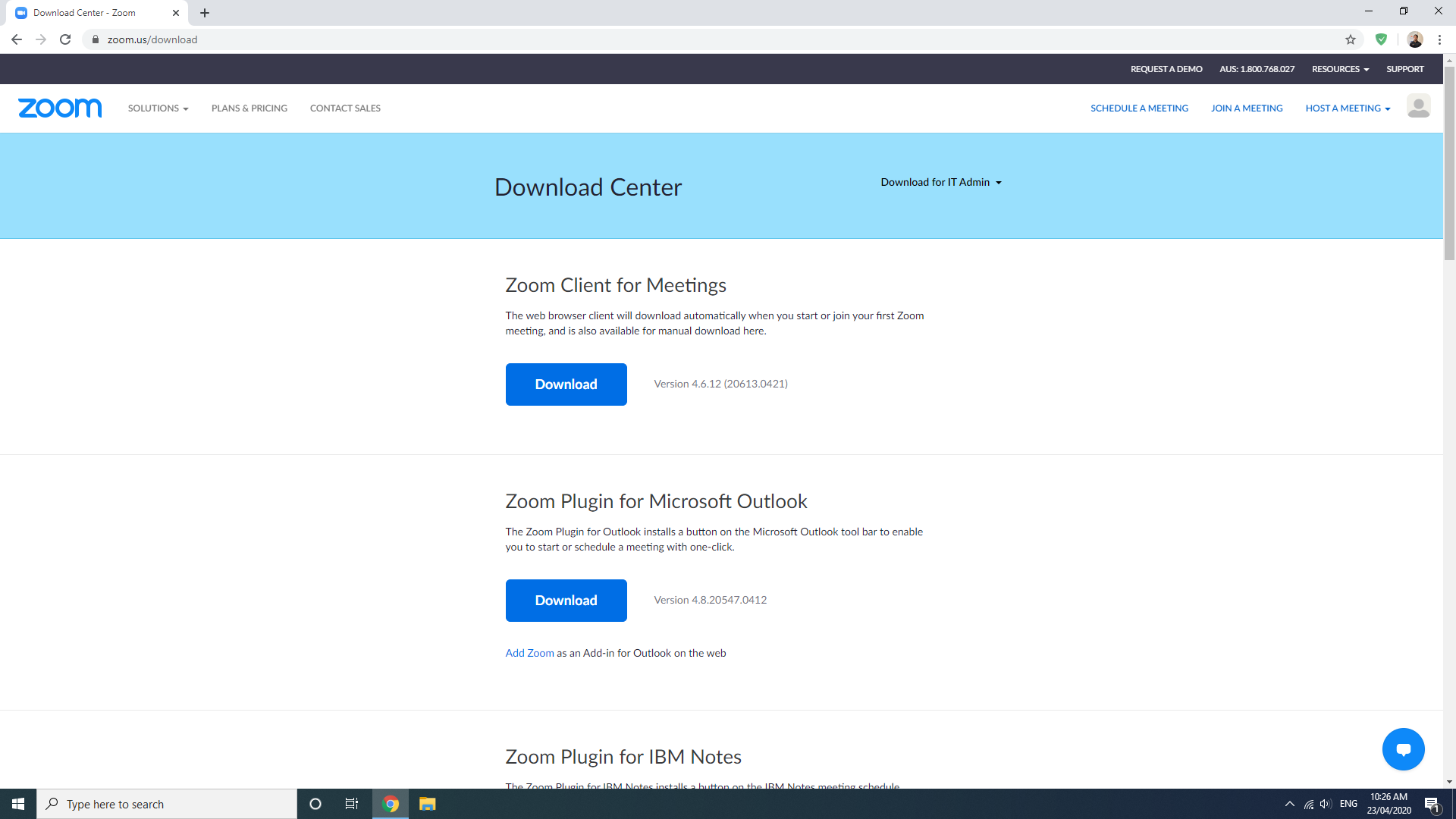 Zoom webpage showing a “Download Center” with blue download buttons on a white background