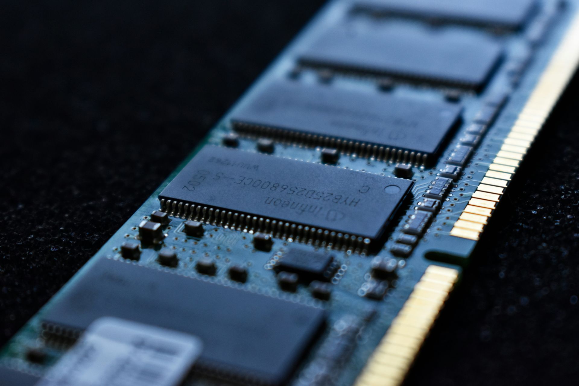 Close-up of a blue computer RAM module with gold contacts on a dark surface