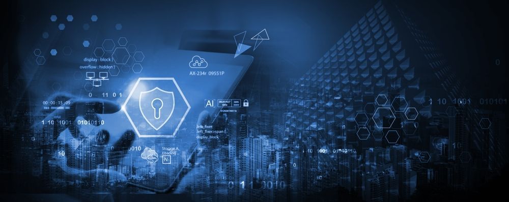 Blue futuristic cybersecurity interface with shield icon, digital cityscape, and binary data overlays